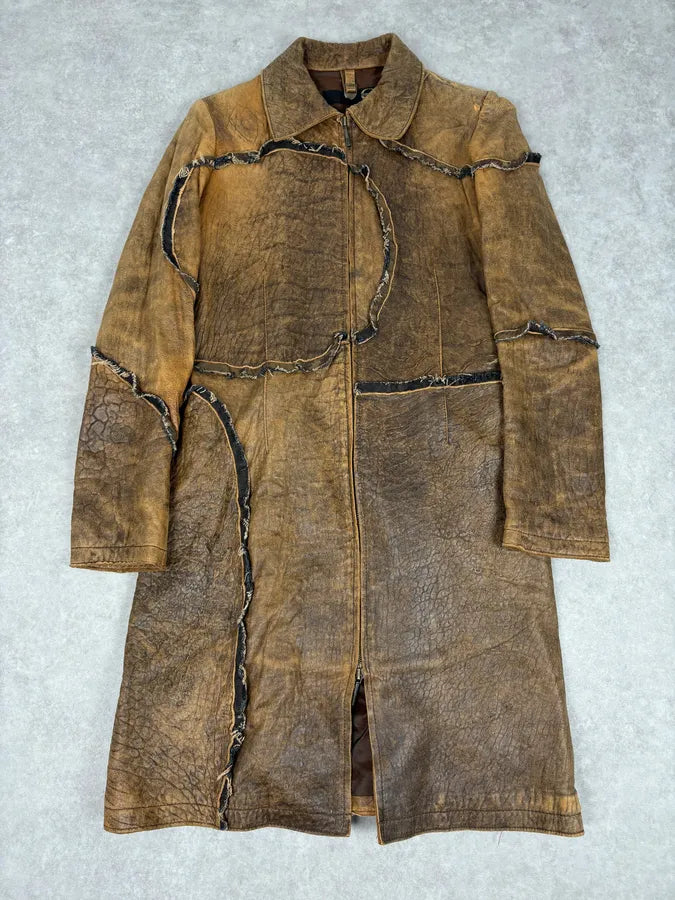 AW2005 Cavalli Brown Eroded Leather Trench Coat hbCyTbe 0