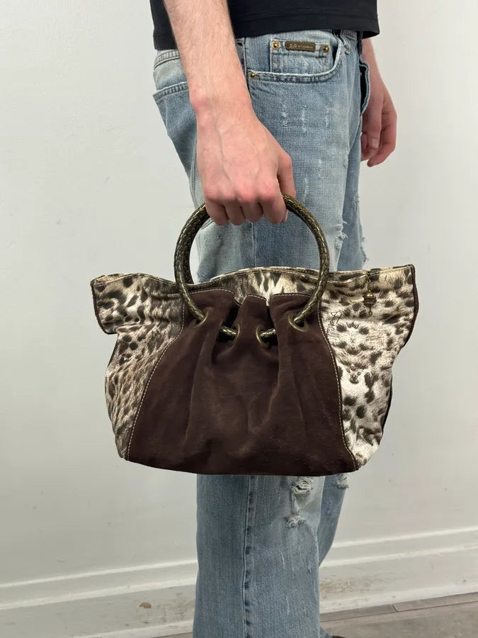 2000s Cavalli Brown & White Leopard Print & Suede Handle Bag HXWvKWJ 1
