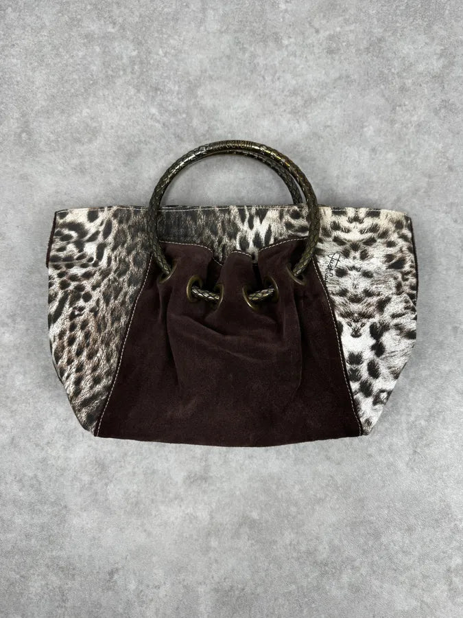2000s Cavalli Brown & White Leopard Print & Suede Handle Bag HXWvKWJ 3