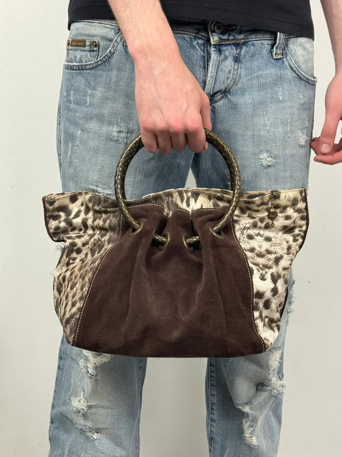 2000s Cavalli Brown & White Leopard Print & Suede Handle Bag HXWvKWJ 2