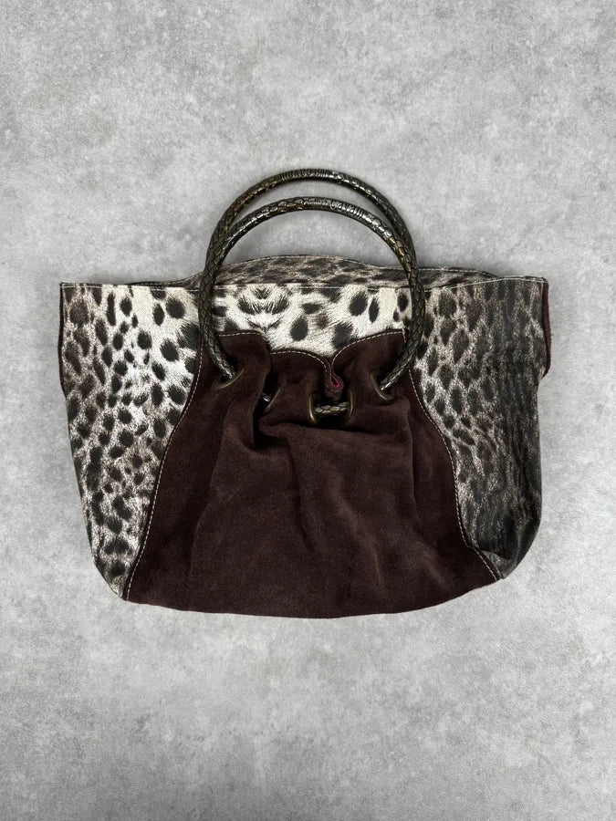 2000s Cavalli Brown & White Leopard Print & Suede Handle Bag HXWvKWJ 5