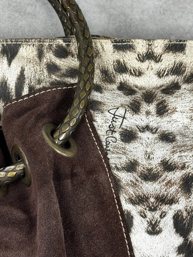 2000s Cavalli Brown & White Leopard Print & Suede Handle Bag HXWvKWJ 8