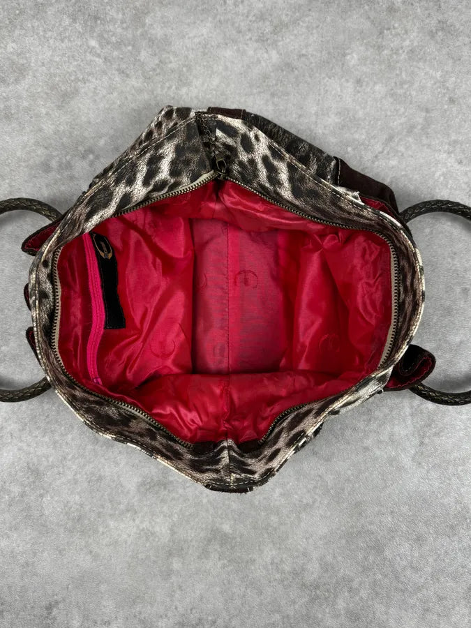 2000s Cavalli Brown & White Leopard Print & Suede Handle Bag HXWvKWJ 11