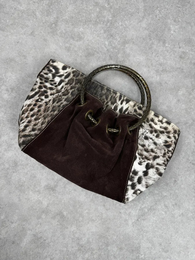 2000s Cavalli Brown & White Leopard Print & Suede Handle Bag HXWvKWJ 4