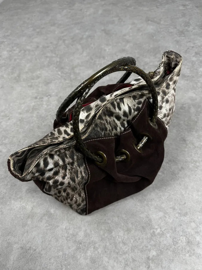 2000s Cavalli Brown & White Leopard Print & Suede Handle Bag HXWvKWJ 0