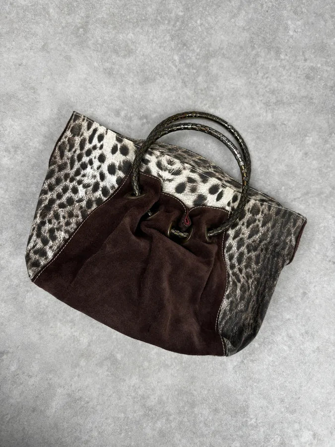 2000s Cavalli Brown & White Leopard Print & Suede Handle Bag HXWvKWJ 6