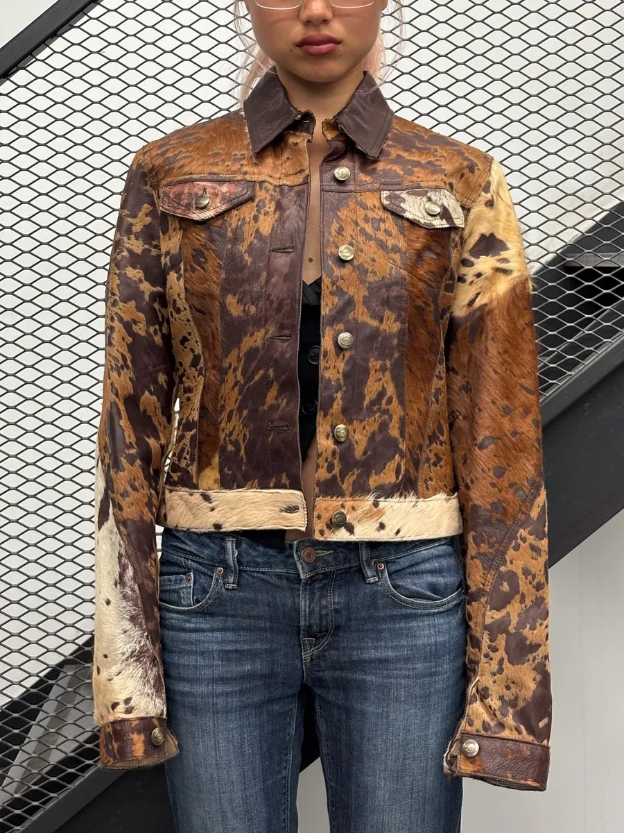 AW2004 Cavalli Brown Pony Hair Cowhide Leather Jacket mqLtfne 1