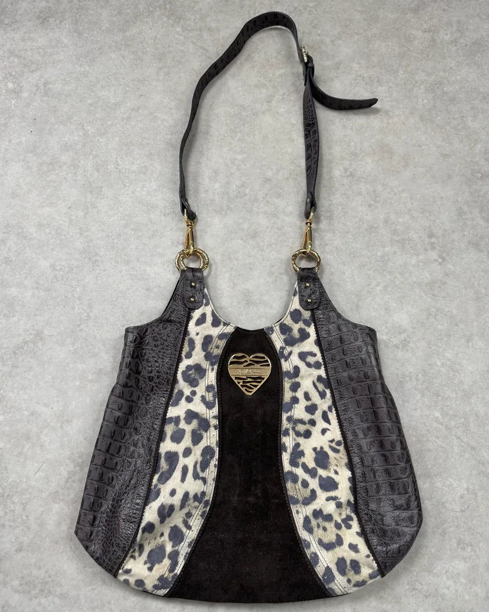 Just Cavalli Brown Suede Crocodile Effect Leather Leopard Shoulder Bag GhiokSM 0