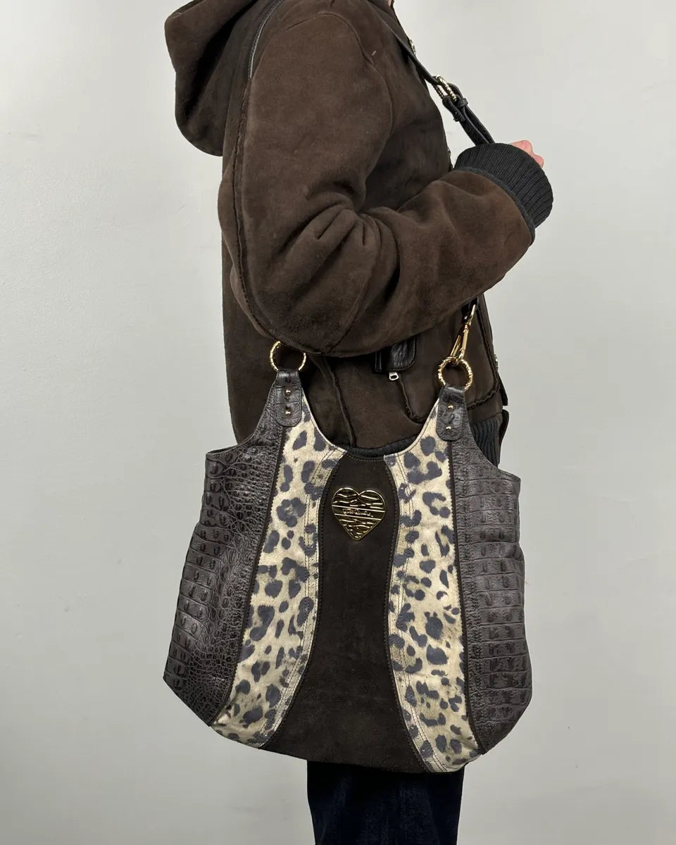 Just Cavalli Brown Suede Crocodile Effect Leather Leopard Shoulder Bag GhiokSM 1