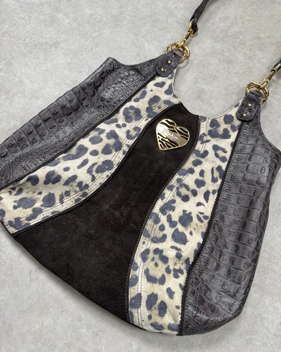 Just Cavalli Brown Suede Crocodile Effect Leather Leopard Shoulder Bag GhiokSM 2
