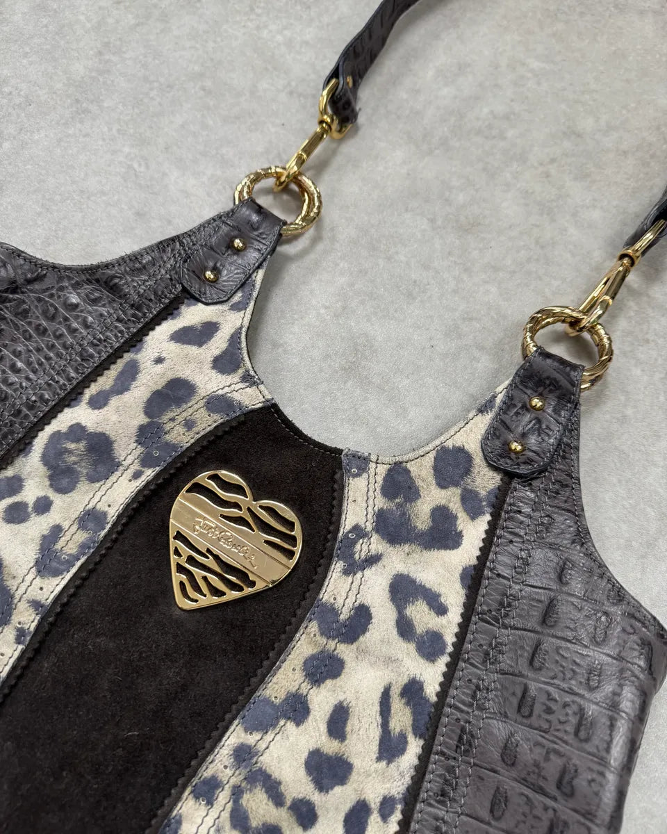 Just Cavalli Brown Suede Crocodile Effect Leather Leopard Shoulder Bag GhiokSM 3