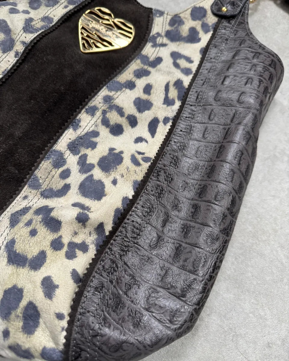 Just Cavalli Brown Suede Crocodile Effect Leather Leopard Shoulder Bag GhiokSM 4