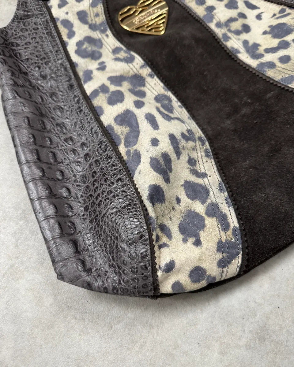 Just Cavalli Brown Suede Crocodile Effect Leather Leopard Shoulder Bag GhiokSM 5