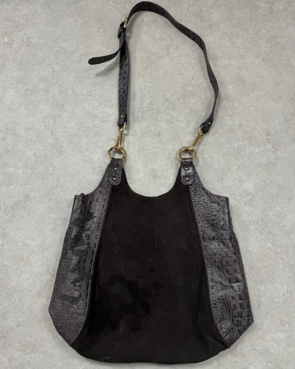 Just Cavalli Brown Suede Crocodile Effect Leather Leopard Shoulder Bag GhiokSM 7