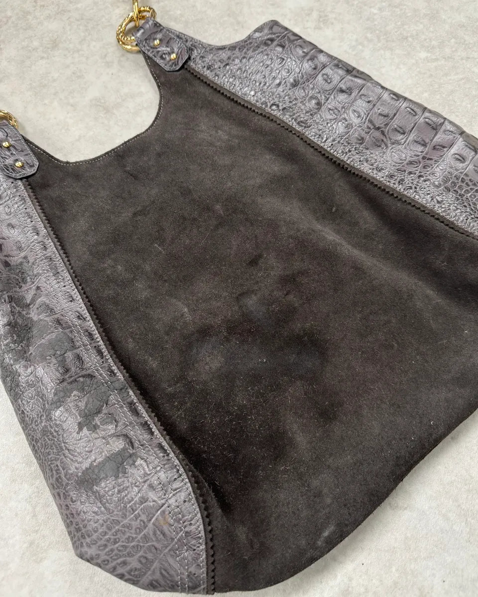 Just Cavalli Brown Suede Crocodile Effect Leather Leopard Shoulder Bag GhiokSM 8