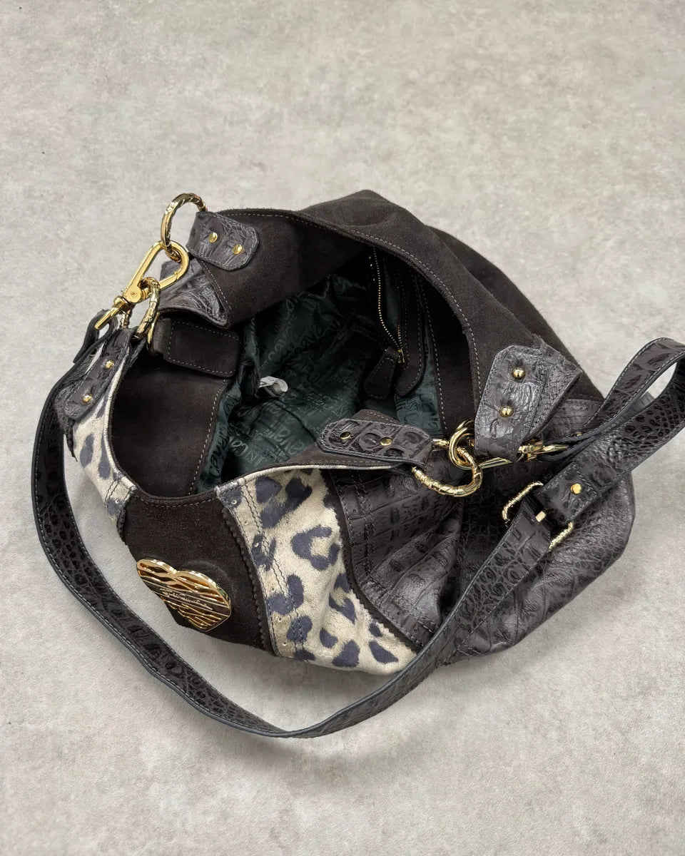 Just Cavalli Brown Suede Crocodile Effect Leather Leopard Shoulder Bag GhiokSM 9