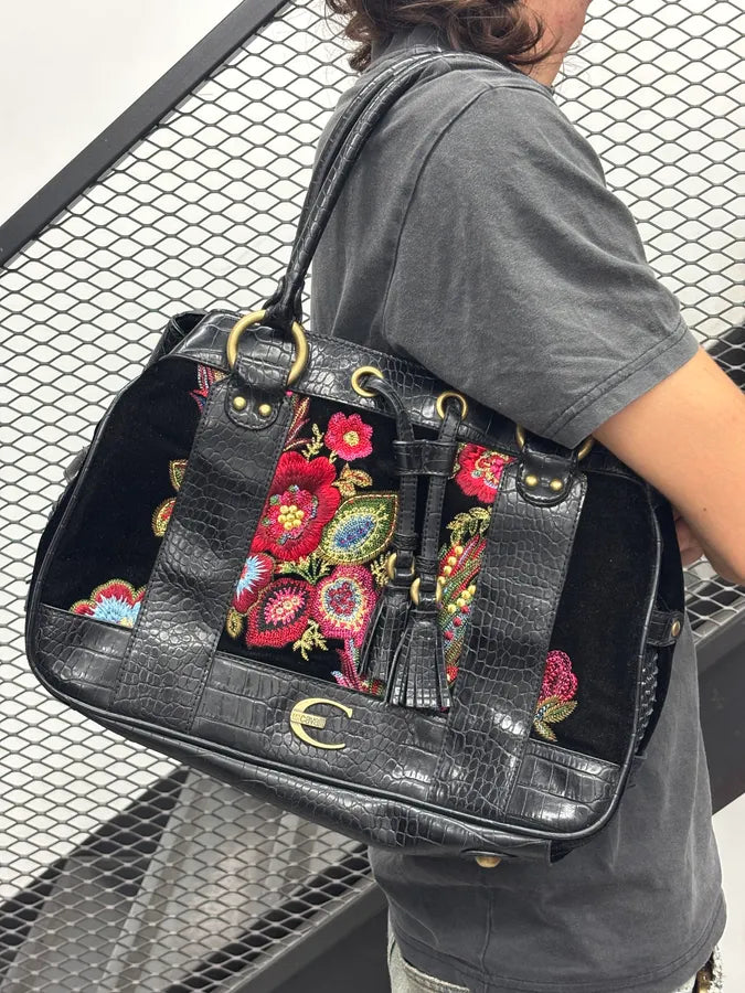 2000s Cavalli Black Leather Crocodile Effect Embroidered Flowers Handle Bag mKtsWFs 1