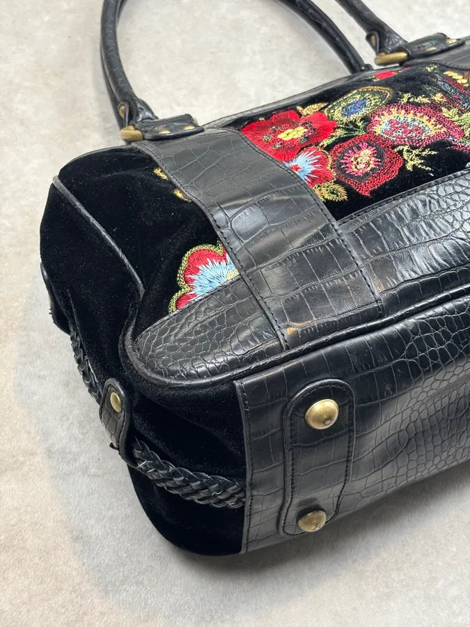 2000s Cavalli Black Leather Crocodile Effect Embroidered Flowers Handle Bag mKtsWFs 15