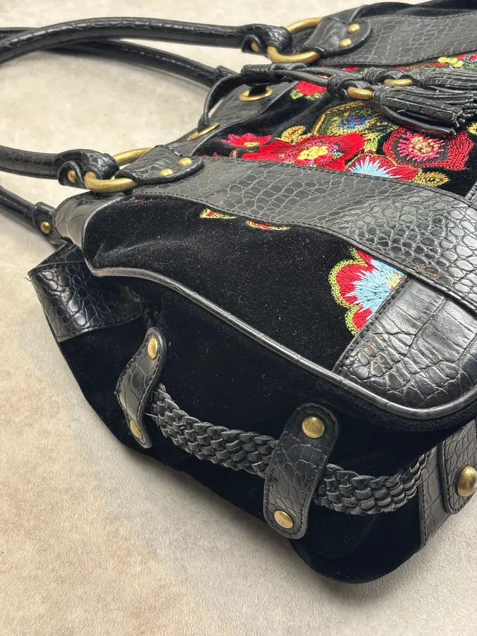 2000s Cavalli Black Leather Crocodile Effect Embroidered Flowers Handle Bag mKtsWFs 11