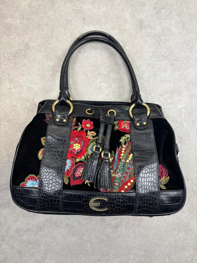 2000s Cavalli Black Leather Crocodile Effect Embroidered Flowers Handle Bag mKtsWFs 4