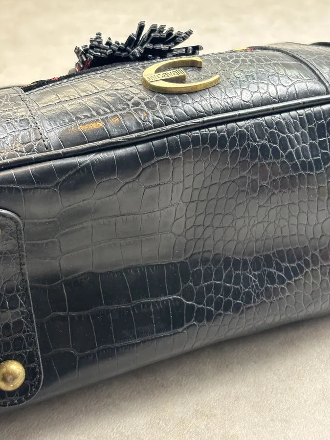 2000s Cavalli Black Leather Crocodile Effect Embroidered Flowers Handle Bag mKtsWFs 10