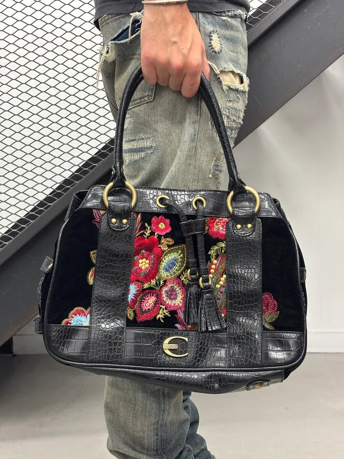 2000s Cavalli Black Leather Crocodile Effect Embroidered Flowers Handle Bag mKtsWFs 2
