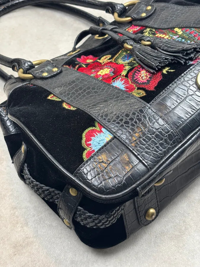 2000s Cavalli Black Leather Crocodile Effect Embroidered Flowers Handle Bag mKtsWFs 9