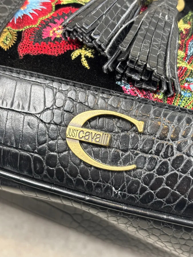 2000s Cavalli Black Leather Crocodile Effect Embroidered Flowers Handle Bag mKtsWFs 5