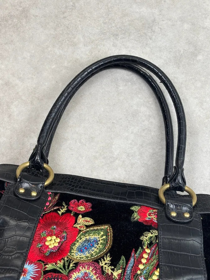 2000s Cavalli Black Leather Crocodile Effect Embroidered Flowers Handle Bag mKtsWFs 13