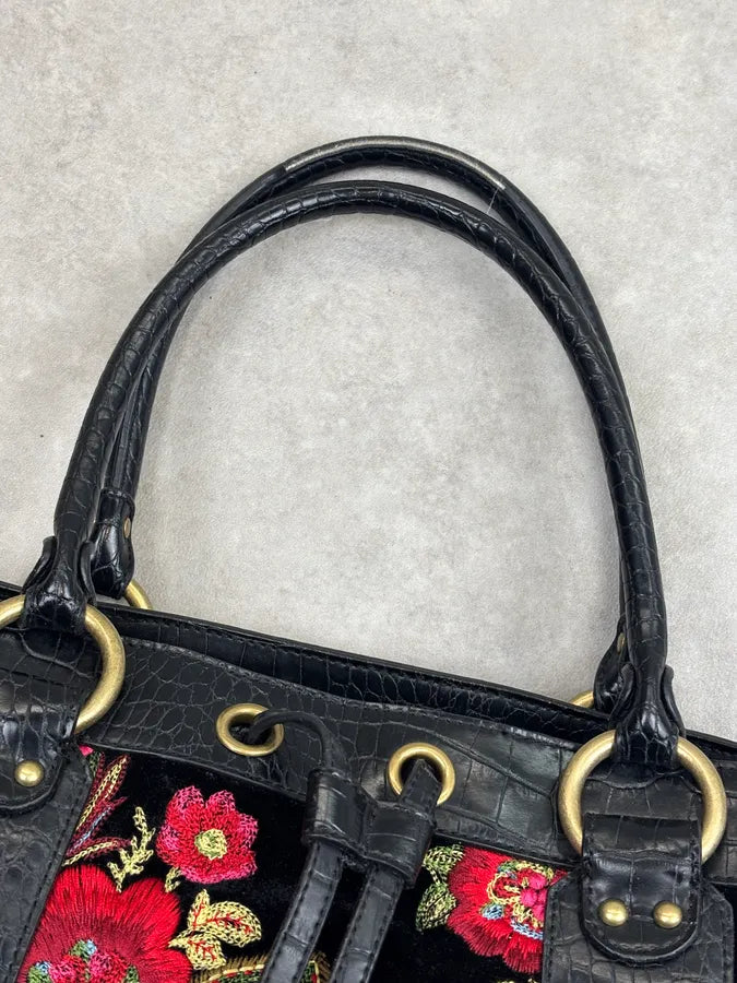 2000s Cavalli Black Leather Crocodile Effect Embroidered Flowers Handle Bag mKtsWFs 3