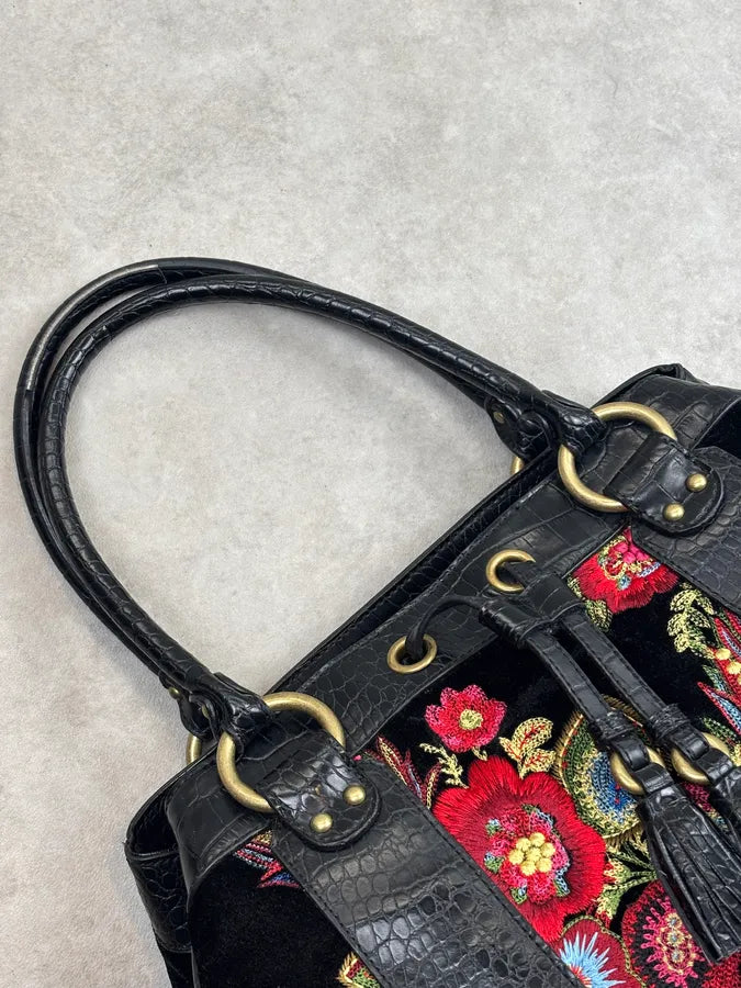 2000s Cavalli Black Leather Crocodile Effect Embroidered Flowers Handle Bag mKtsWFs 12