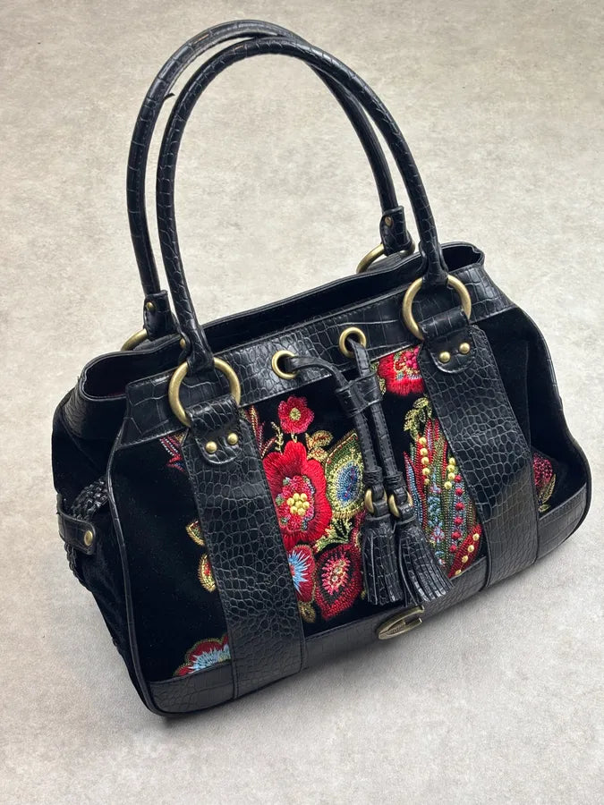 2000s Cavalli Black Leather Crocodile Effect Embroidered Flowers Handle Bag mKtsWFs 0