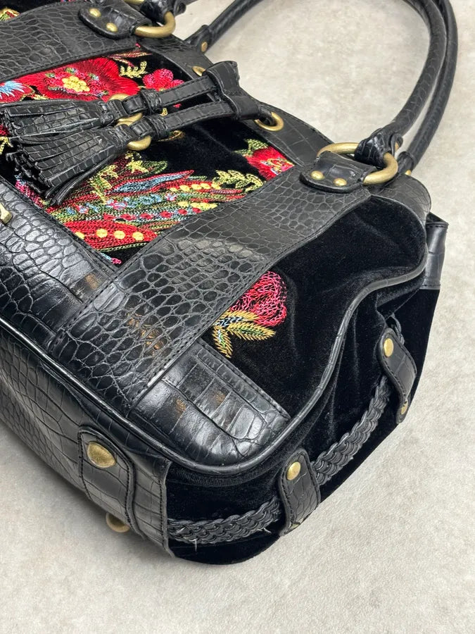 2000s Cavalli Black Leather Crocodile Effect Embroidered Flowers Handle Bag mKtsWFs 8