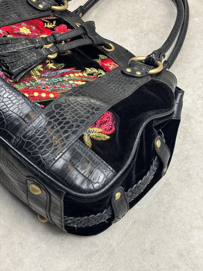2000s Cavalli Black Leather Crocodile Effect Embroidered Flowers Handle Bag mKtsWFs 7