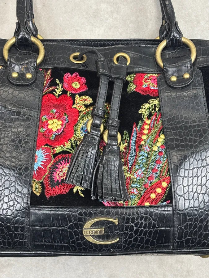 2000s Cavalli Black Leather Crocodile Effect Embroidered Flowers Handle Bag mKtsWFs 6