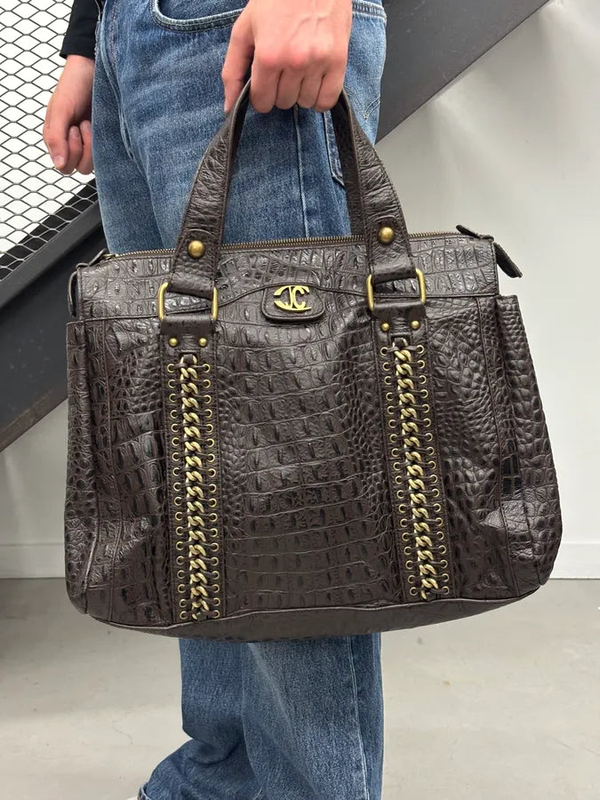 AW2007 Cavalli Dark Brown Crocodile Embossed Leather Handle Bag tPYIeTQ 2