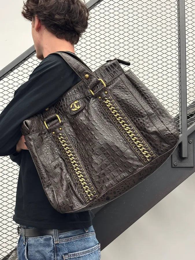 AW2007 Cavalli Dark Brown Crocodile Embossed Leather Handle Bag tPYIeTQ 1
