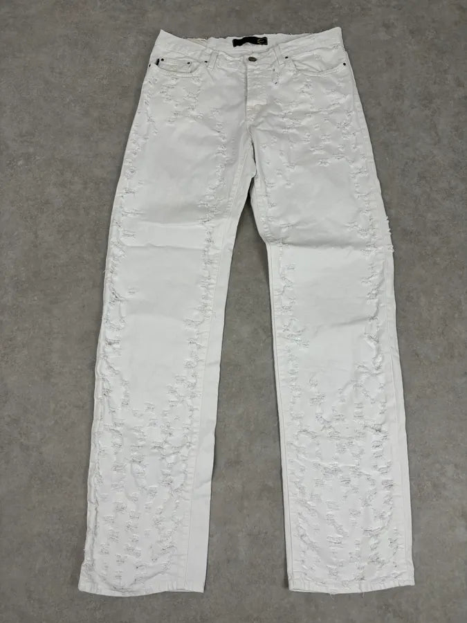 SS2004 Cavalli Distressed White Denim Jeans HZaQYOB 0
