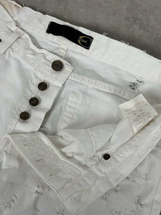 SS2004 Cavalli Distressed White Denim Jeans HZaQYOB 8