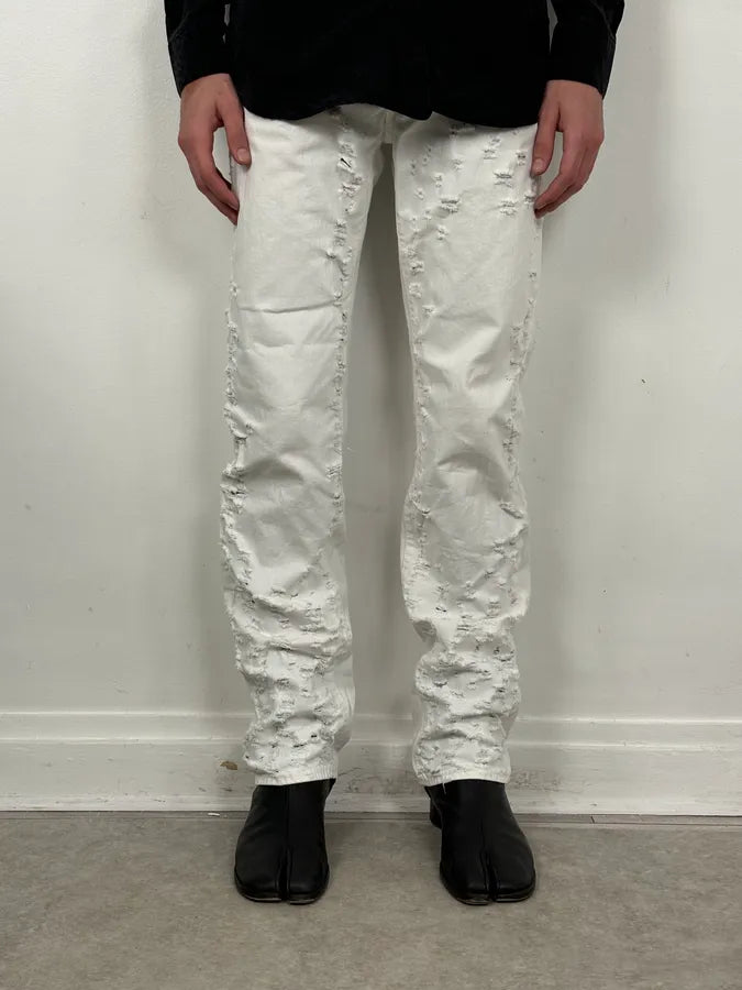 SS2004 Cavalli Distressed White Denim Jeans HZaQYOB 1