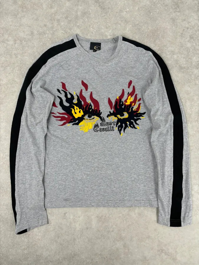 AW2004 Cavalli Grey Flames Embroidered Longsleeve sTXmbRL 0