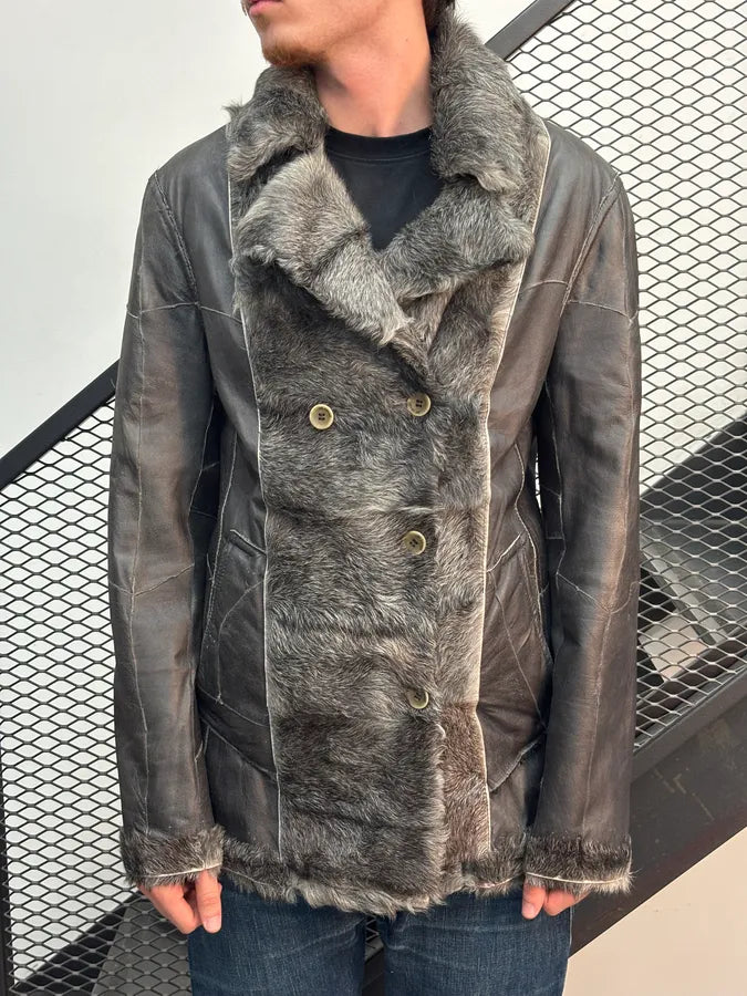 AW2004 Cavalli Grey Leather Fur-Lined Double Face Coat SnasWNt 1