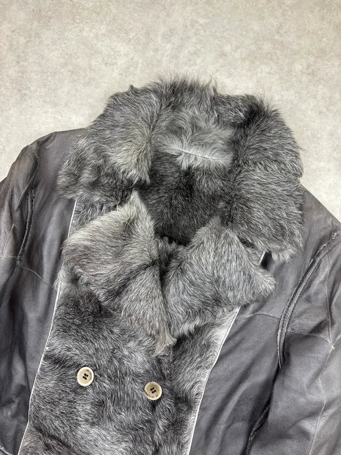 AW2004 Cavalli Grey Leather Fur-Lined Double Face Coat SnasWNt 3