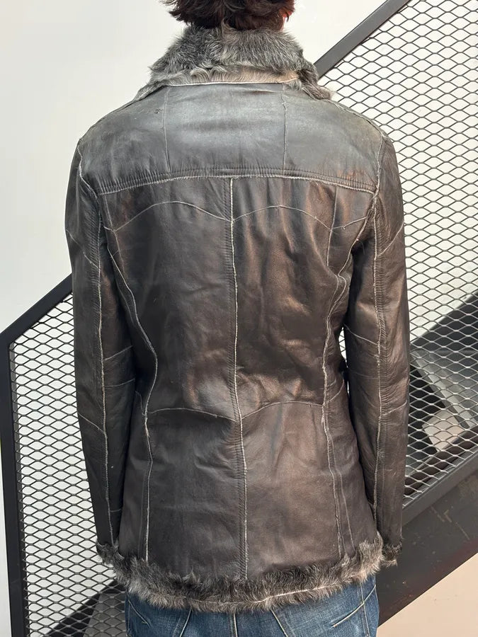 AW2004 Cavalli Grey Leather Fur-Lined Double Face Coat SnasWNt 2
