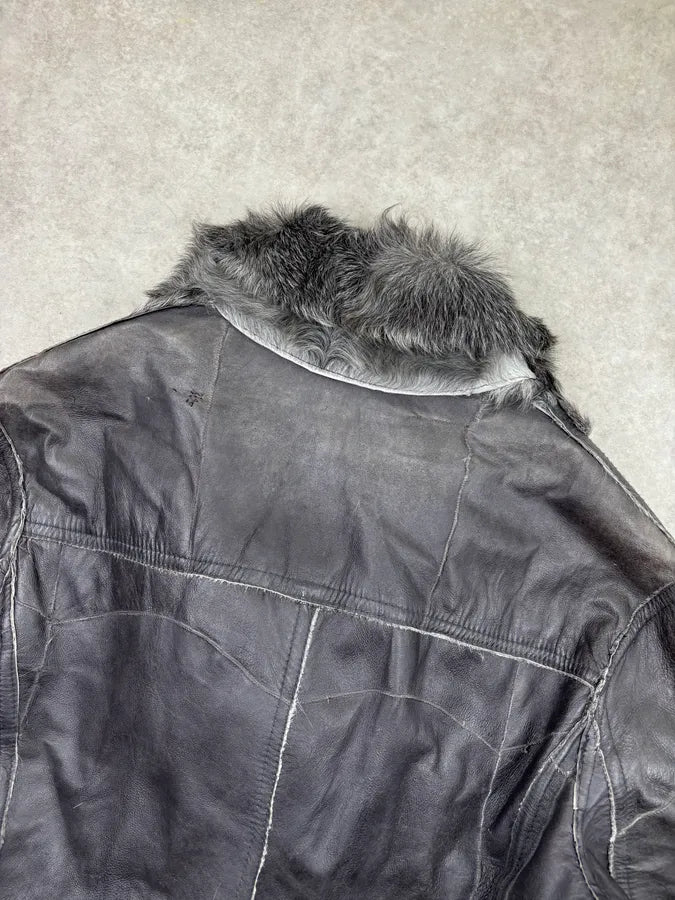 AW2004 Cavalli Grey Leather Fur-Lined Double Face Coat SnasWNt 5