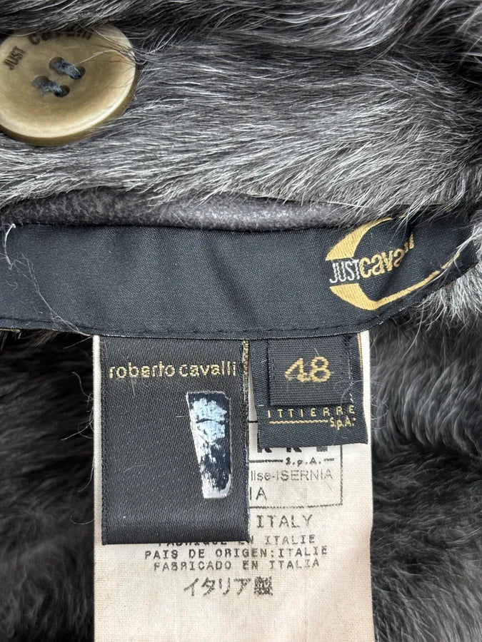AW2004 Cavalli Grey Leather Fur-Lined Double Face Coat SnasWNt 9