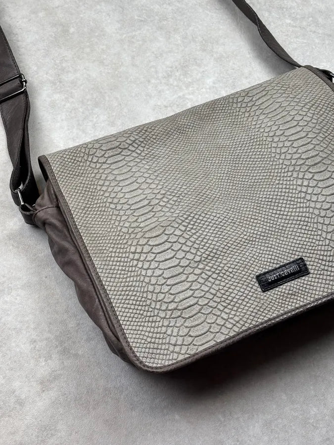2010s Cavalli Grey Leather Python Embossed Messenger Bag kbLKBwa 6