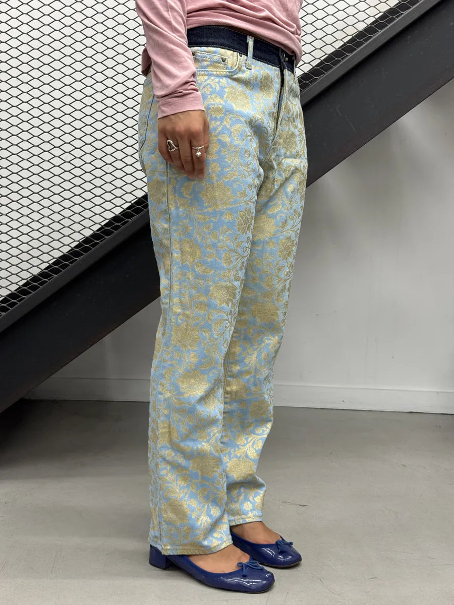 2000s Cavalli Light Blue Denim Waist Gold Floral Royal Pants KtjeiRA 1