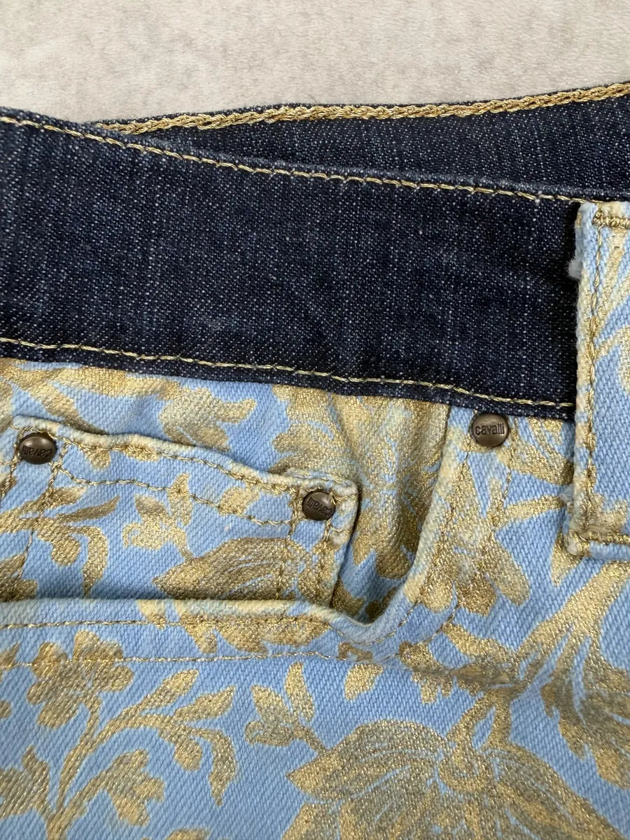 2000s Cavalli Light Blue Denim Waist Gold Floral Royal Pants KtjeiRA 6