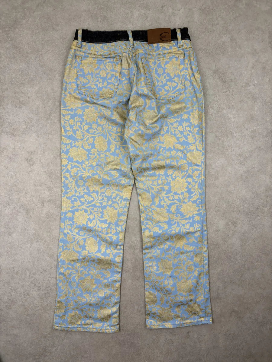 2000s Cavalli Light Blue Denim Waist Gold Floral Royal Pants KtjeiRA 7